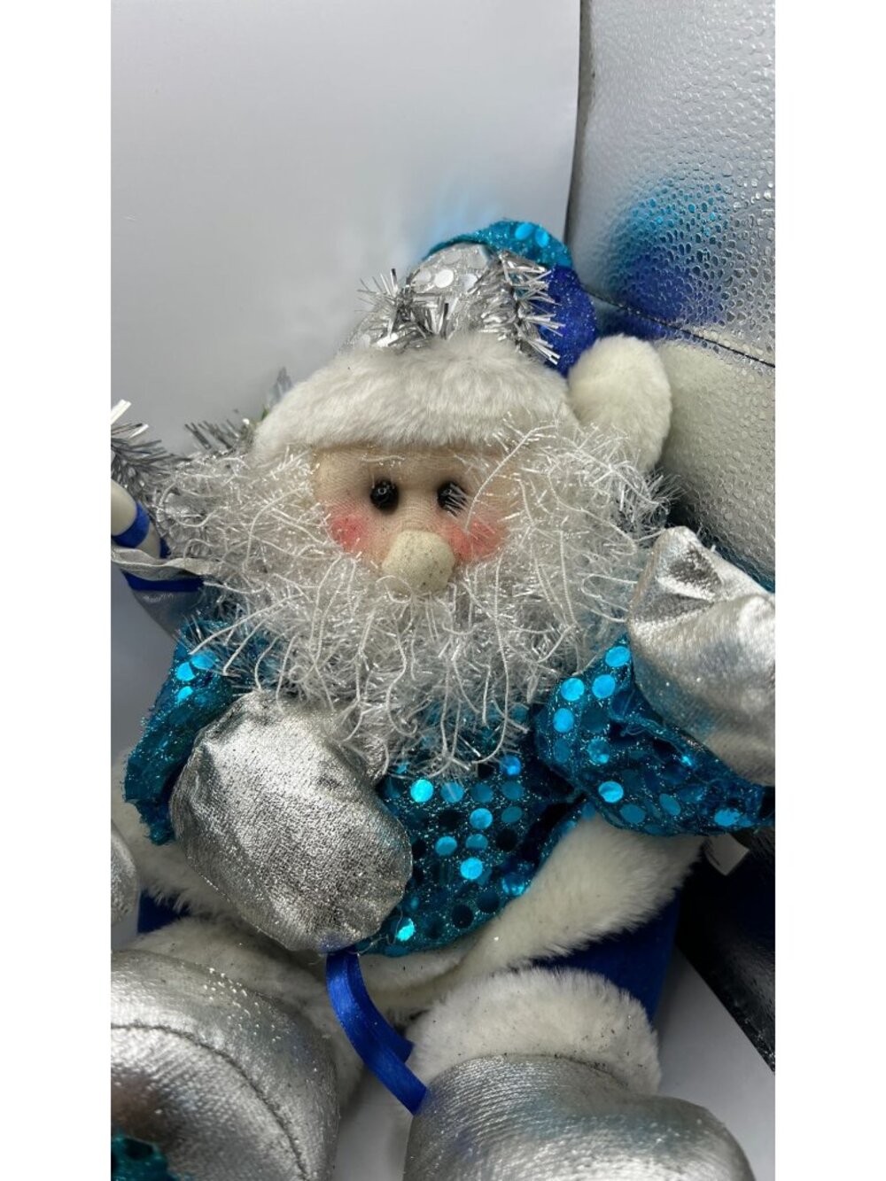 Snowman & Santa Plush Set With Blue Sequin Outfits & Silver Accents By Sun Point - Picture 3 of 6